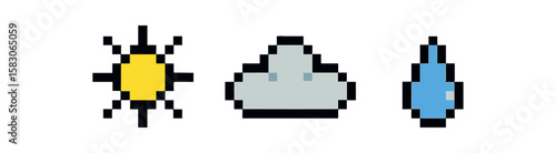 Pixel art icons: yellow bug, gray rock, and blue bottle design