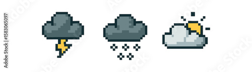 Pixel art weather icons - lightning, rain, thunderstorm clouds