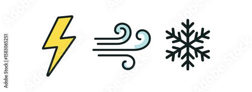 Lightning bolt, wind swirl, snowflake icons representing weather symbols