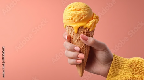 A hand holding a delicious scoop of yellow ice cream in a crispy waffle cone. The ice cream is melting slightly