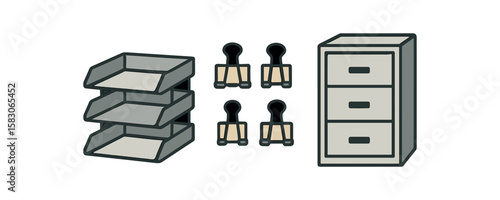 Office supplies illustration: organizer, binders, filing cabinet