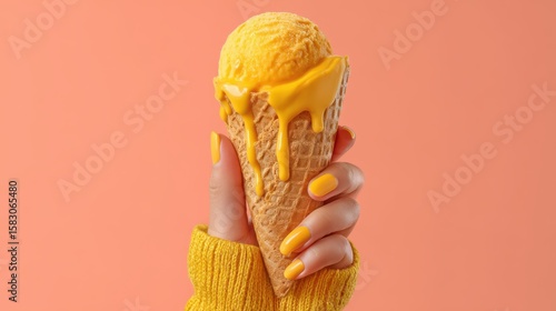 A person holding a yellow ice cream cone, a sweet treat to cool off on a hot day. The ice cream is melting and dripping down the cone