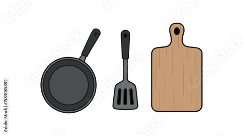 Kitchen utensils set: frying pan, spatula, cutting board