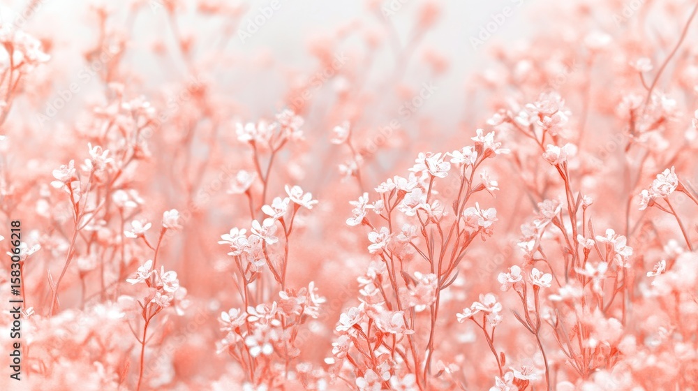 Naklejka premium Vibrant Peach Hued Spring Field Overflowing with Tiny Dainty Flowers Blooming in Pastel Patterns
