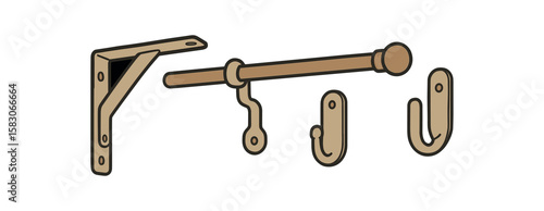 Wooden wall hook set illustration with bracket and hanger components