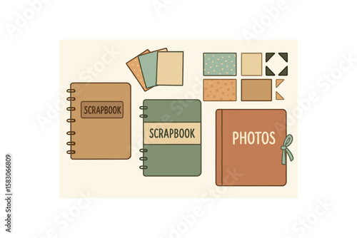 Scrapbook and photo albums with decorative papers and stickers