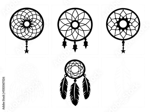 Collection of black and white dreamcatcher and feather silhouettes