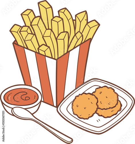 A delicious vector illustration of golden brown french fries in a box with ketchup, an isolated fast food snack