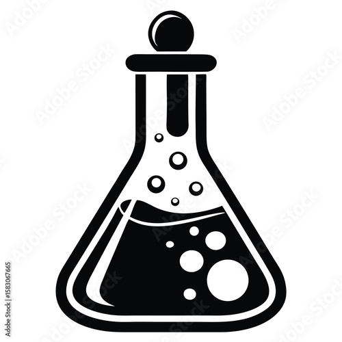 Black and white illustration of a bubbling erlenmeyer flask with a stopper