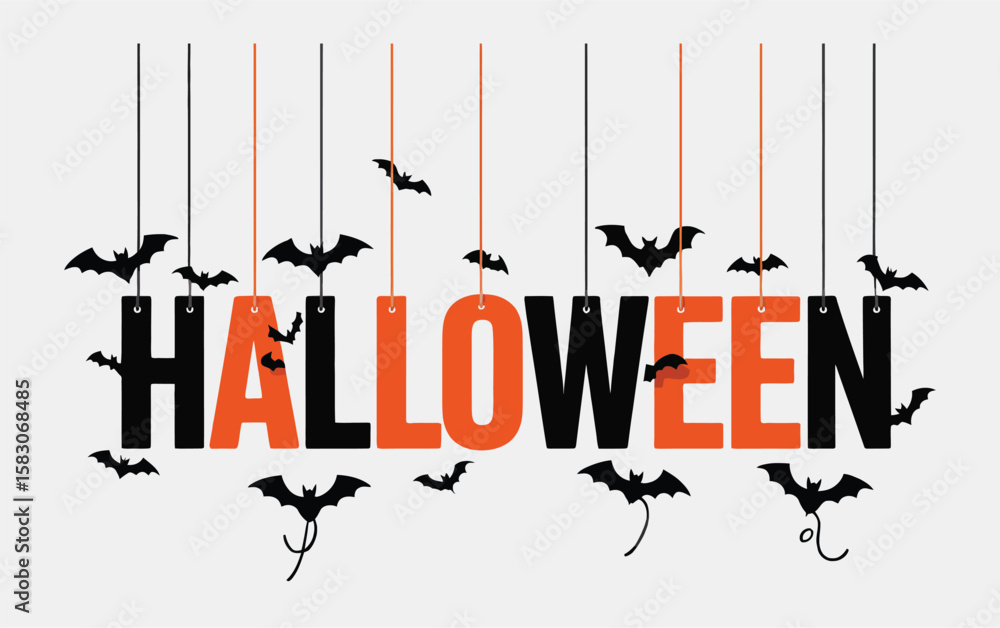 Fototapeta premium HALLOWEEN Hanging Letters with Flying Bats – Spooky Banner Design, Halloween Party Decoration, Scary Text Art for Holiday Poster, Card, or Digital Use