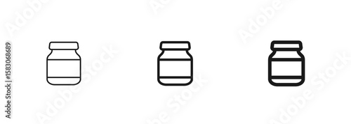 Glass food jar with a lid in thin, regular, and bold outline. Container for baby food puree, jam, honey, spread, fruit and vegetable conserves. For web design, mobile app, ui ux. Vector illustration
