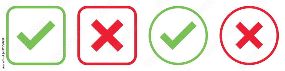 Set green approval check mark and red cross icons in circle and square, checklist signs, flat checkmark approval badge, isolated tick symbols Set green approval check mark and red cross icons in circle and square, checklist signs, flat checkmark approval badge, isolated tick symbols