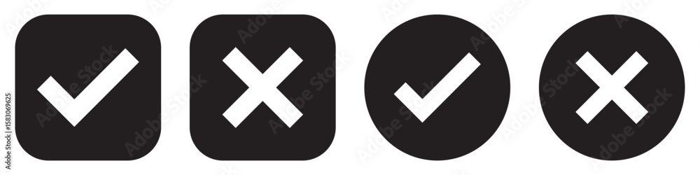 Obraz premium Set green approval check mark and red cross icons in circle and square, checklist signs, flat checkmark approval badge, isolated tick symbols