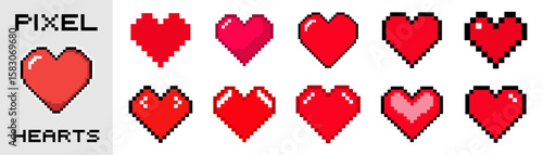 A set of retro pixel hearts icons buttons. Vintage love symbol, 8-bit vector illustration for a computer and internet game.