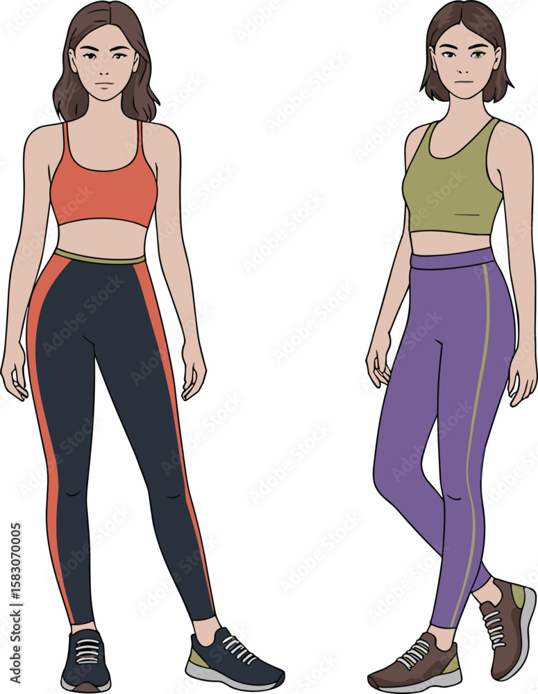 Young women in modern activewear leggings and crop tops, fitness fashion illustration, sporty outfit design, trendy workout clothing style. Young women in modern activewear leggings and crop tops, fitness fashion illustration, sporty outfit design, trendy workout clothing style.