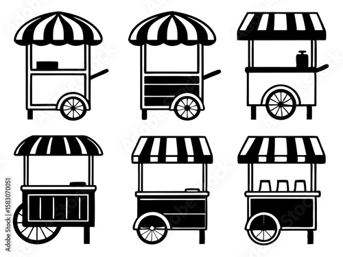 Collection of six stylized food carts with striped awnings