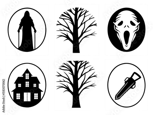Collection of spooky halloween icons featuring a grim reaper haunted house and chainsaw