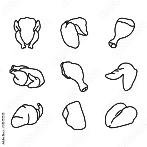Chicken meat icon set. Line style vector. Contains icons for whole chickens, breasts, thighs, and more.