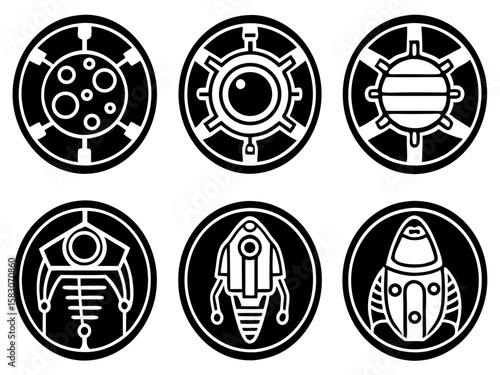Collection of six futuristic circular icons featuring sci fi designs