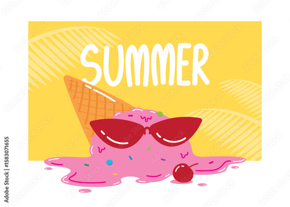 Naklejka premium fashionable ice cream wear sunglasses is melting in summer illustration graphic vector