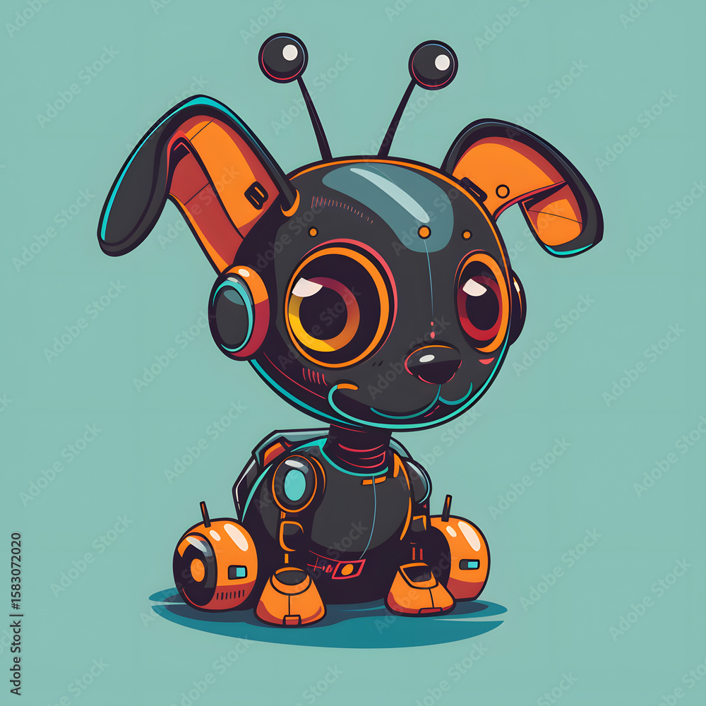 Fototapeta premium Adorable futuristic robot dog with antenna ears glowing eyes and detailed mechanical features, cute AI cyber pet illustration perfect for technology themes