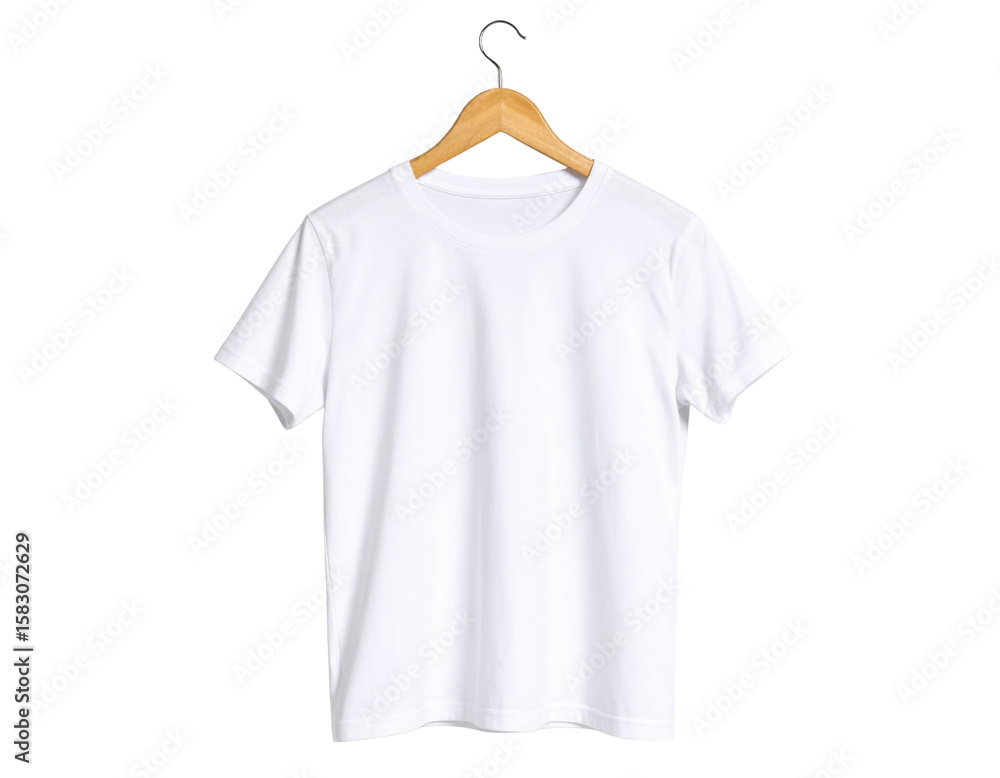 A plain white short-sleeve t-shirt hanging on a wooden hanger. A plain white short-sleeve t-shirt hanging on a wooden hanger.