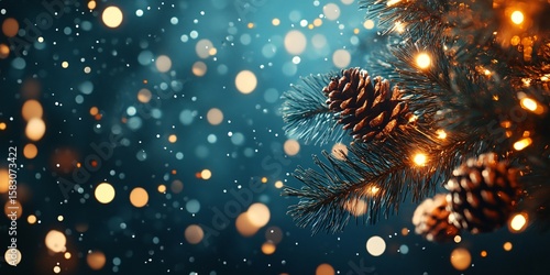 Wallpaper Mural Christmas pine tree branch with lights and pinecones Torontodigital.ca