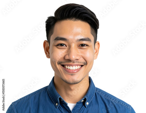 A young man with neatly styled black hair and a well-groomed mustache and beard smiles warmly, wearing a blue button-up shirt over a white undershirt.