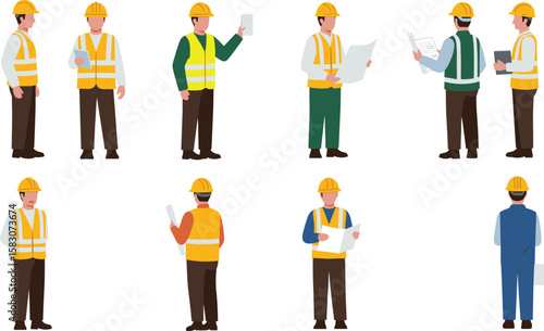 Construction workers cad drawing flat vector illustration, eight professionals in safety gear with blueprints, tablets,Construction workers cad drawing 