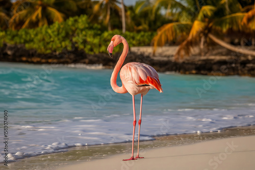 Fototapeta Naklejka Na Ścianę i Meble -  Flamingo on Beach at Renaissance Island, Oranjestad Aruba, Exotic Caribbean Wildlife Scene