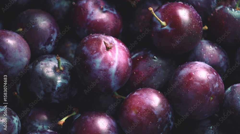 Fresh Dark Purple Plums with Water Droplets on Surface in Close Up Fresh Dark Purple Plums with Water Droplets on Surface in Close Up