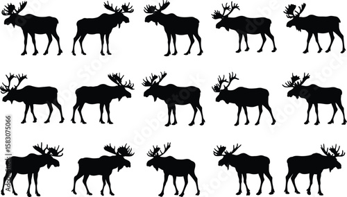 Collection of black moose silhouettes standing against a white background