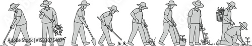 Gardening steps cad drawing flat vector illustration, person with hat watering, digging, planting, and caring for flower in front view layoutGardening steps cad drawing flat vector illustration