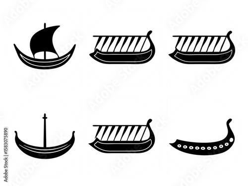 Collection of stylized black and white viking ship illustrations