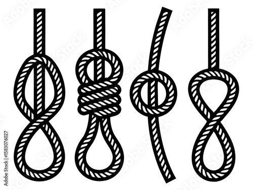 Illustrations of four different types of knots tied with rope