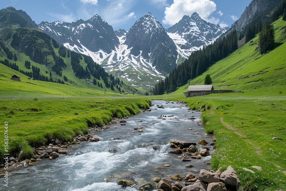 Obraz premium Serene alpine valley with snow capped peaks, clear river, green meadows, and cozy chalet