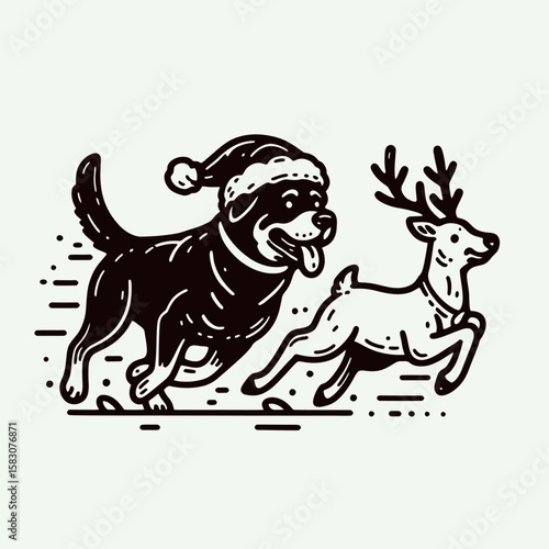 Adult Rottweiler Dog wear santa hat chasing a runaway reindeer. Christmas Holiday Clipart Line Art Vector Illustration Xmas. Mature canine donning headgear pursuing bolting xmas deer.