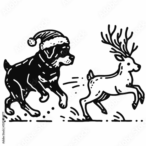 Adult Rottweiler Dog wear santa hat chasing a runaway reindeer. Christmas Holiday Clipart Line Art Vector Illustration Xmas. Mature canine donning headgear hunt escaped caribou.