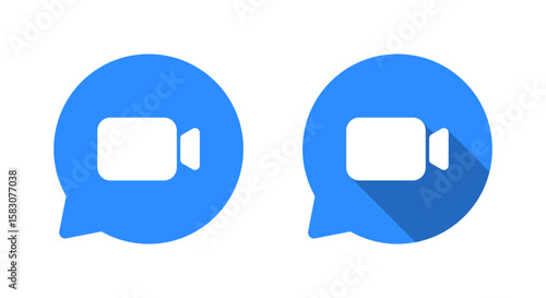 Video call icon in chat bubble. Online meetings and virtual communication symbol with long shadow