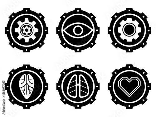 Set of six stylized gears featuring biological and mechanical icons