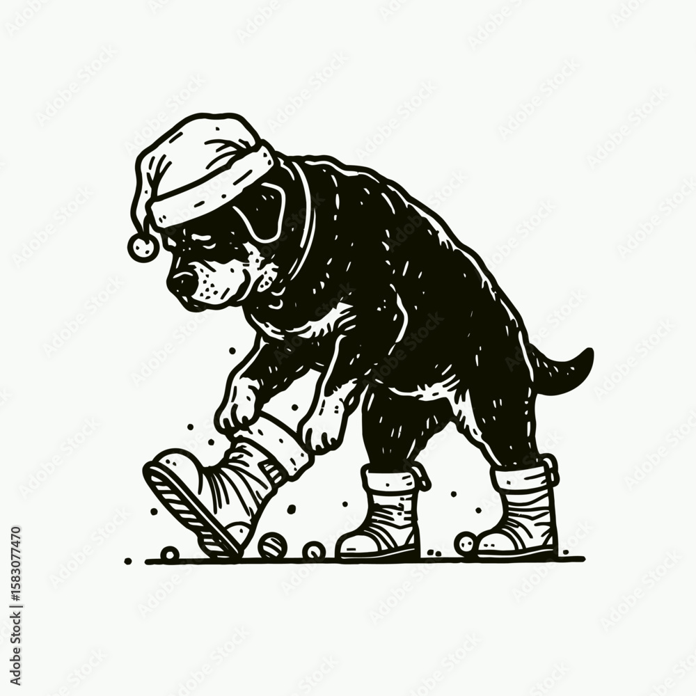 Fototapeta premium Adult Rottweiler Dog wear santa hat stumbling in oversized Christmas boots. Holiday Clipart Line Art Vector Illustration Xmas. .