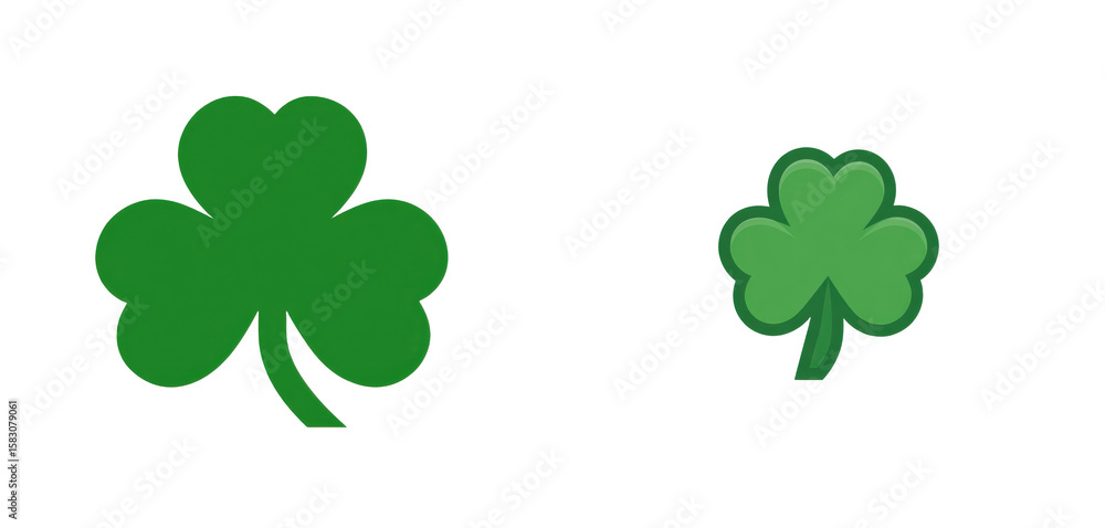 Fototapeta premium Two green shamrocks, one large and one small, stand against a black background.