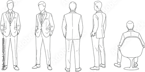 Suit model cad drawing flat vector illustration, five black views of man in tailored outfitSuit model cad drawing flat vector illustration, five black views of man in tailored outfit