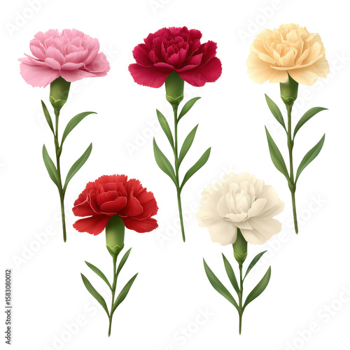 Five colorful carnation flowers in pink, red, yellow and white stand tall on a black background.