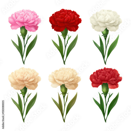 Six carnation flowers in pink, red, and white with green stems against a black background
