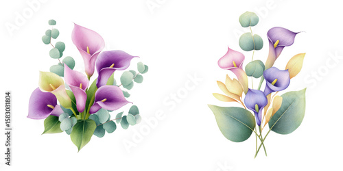 Two arrangements of calla lilies in various shades of pink, purple, and yellow, accented with eucalyptus