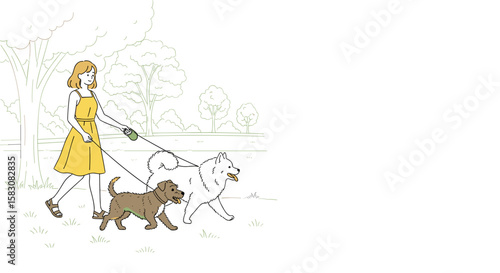 Woman walking two dogs on leashes in park simple illustration