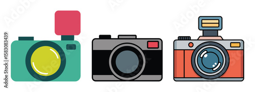 Three different styles of vintage and modern cameras with flashes in a row
