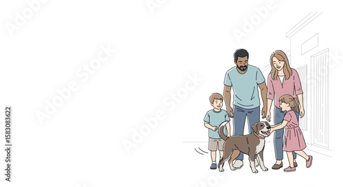 Happy family with dog standing outside in colorful illustration