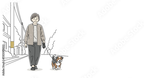  Woman walking dog on leash in city street illustration